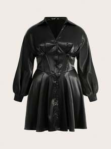 ROMWE PUNK Dress Ukuran Plus Tombol Depan Plain Anggun - Hitam - View 1