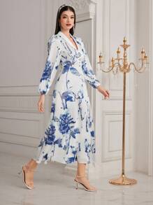 Modelyn Đầm dài tay in hoa cho nữ Đầm dạ hội dài - Xanh và trắng - Xem 7