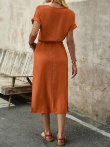 EMERY ROSE Women's Summer Brick Red Round Neck Batwing Short-Sleeve Midi Dress