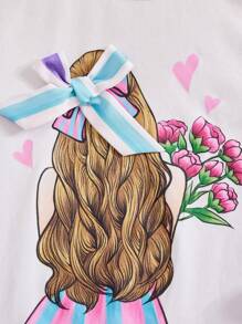 SHEIN Tween Girl Printed Round Neck T-Shirt With Striped Loose Fit Pants Two-Piece Set - Multicolor - View 4