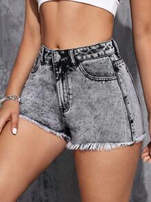 SHEIN EZwear Của phụ nữ Quần short Denim Với Nghiêng Túi Và Frayed Hem - Xám - Xem 1