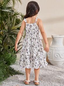 SHEIN Gaun Gadis Muda Frill Simpul Tiered Layer Bunga All Over Print Boho - Putih - View 2