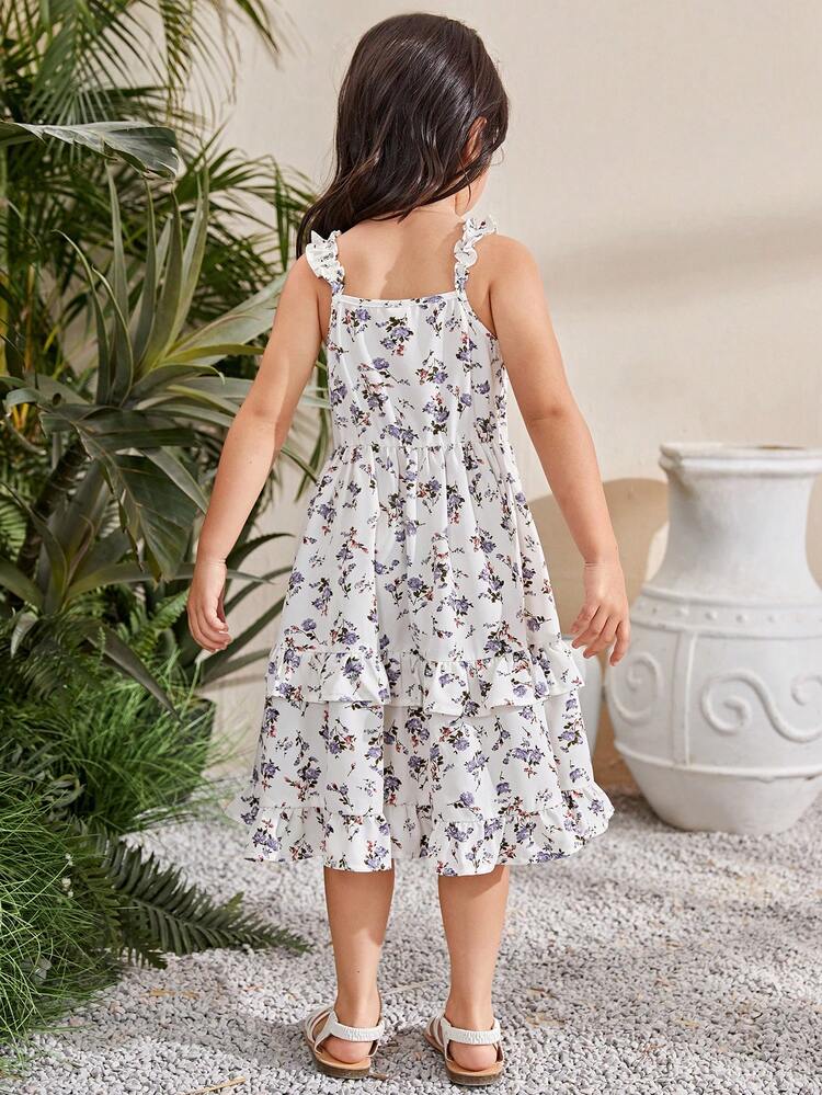 Young Girl's Loose Fit Casual Spaghetti Strap Floral Printed Dress