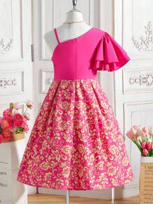 Tween Girls' Asymmetrical Collar Dress With Floral Print, Pleated Hem And Zigzag Design - Hot Pink - View 2