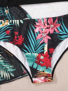 SHEIN Teen Girl Tropical Plant & Floral Print Bikini Set 3pcs/Set Summer Beach - Green - View 3