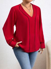 SHEIN LUNE Women's Plus Size V Neck Contrast Piping Shirt - Red - View 6