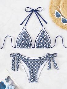 SHEIN Swim Conjunto de bikini con estampado total para playa de verano