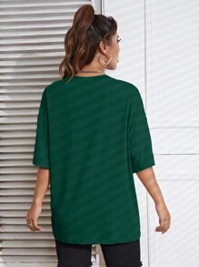 INAWLY Camiseta De Hombro Caído Con Cuello Redondo De Color Sólido - Verde Oscuro - Ver 3