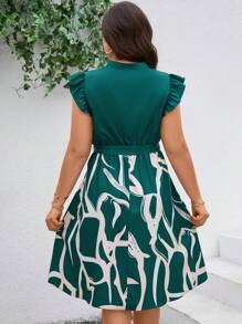 Reflora 大码女式印花拼布荷叶边袖宽松连衣裙 - 綠色 - 查看 2