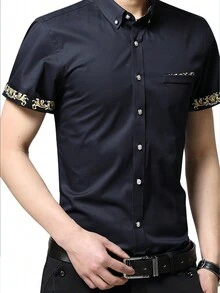 Camisa De Manga Corta Con Estampado De Patchwork Para Hombre - Azul Marino - Ver 4