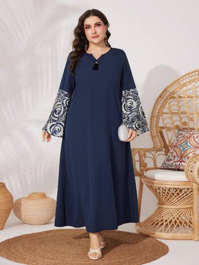 Al Najma Plus Size Women's Flower Print Bell Sleeve Arabian Dress Kaftan Jalabiya Dress