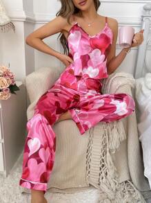 Heart Printed Satin Cami & Pants Pajama Set - Hot Pink - View 4