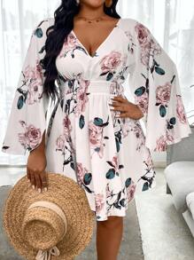 Celure 大码女式优雅浪漫花卉印花褶皱喇叭袖收腰中长春秋连衣裙 - 彩色 - 查看 5