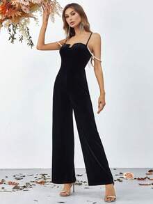 Faeriesty Elegant Solid Spaghetti Strap Velvet Prom Jumpsuit - Black - View 6