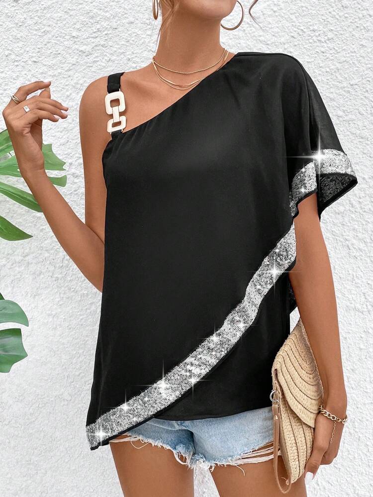 Women's Sparkly Patchwork Asymmetrical Collar Shirt