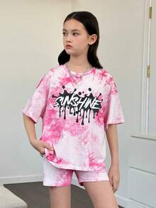 Cô gái Tween Đan Nhuộm buộc Vòng cổ Lỏng lẻo Áo thun Và Đan Lỏng lẻo Bộ quần short - Nhiều màu - Xem 5