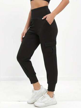 女士休闲纯色工装口袋抽绳踝长裤，春夏