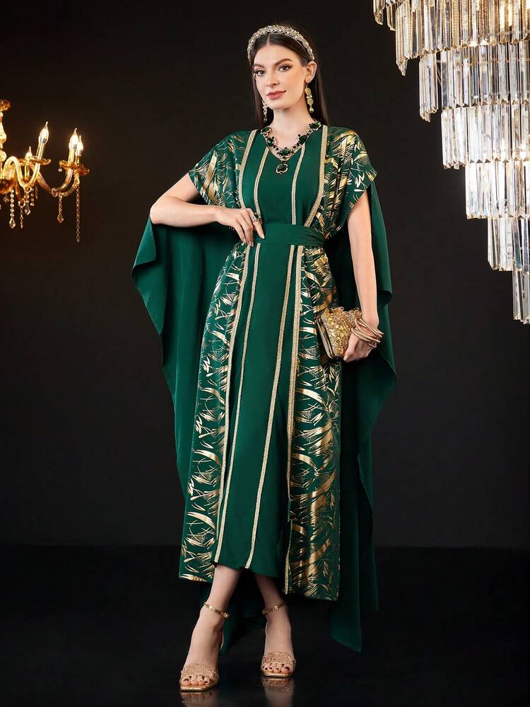 Loose-Fit Turkish Style Set With V-Neck And Gold Foil Print Kaftan Dress, Elegant Luxury Evening Party Style
