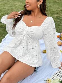 SHEIN SunnyBelle Của phụ nữ Kích thước lớn Lưới Thêu Áo sơ mi Với Người yêu Và Ruffle - trắng - Xem 4