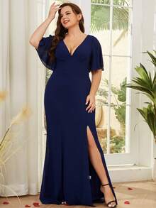 Plus Size Women Deep V-Neck Split Hem Solid Formal Dress, Suitable For Mother Of The Bride - Navy Blue - View 5