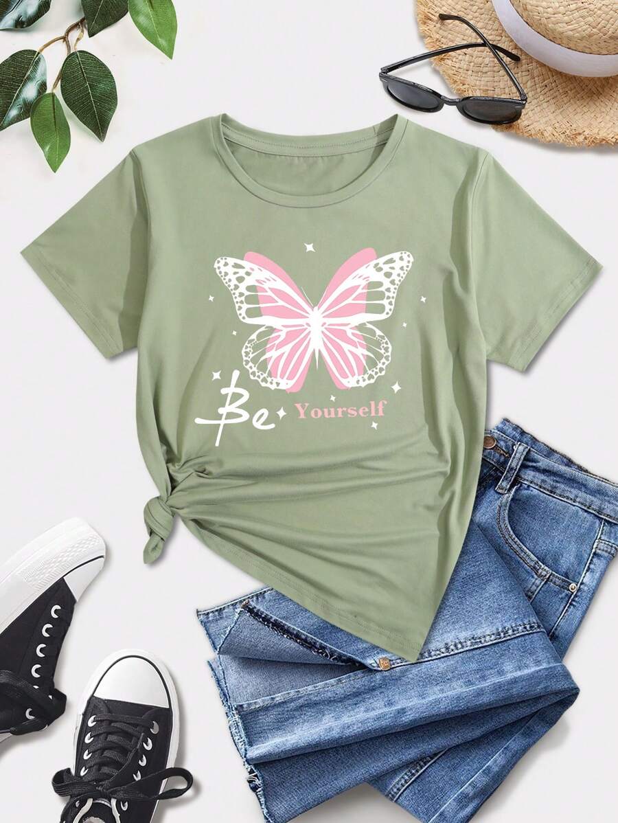 少女蝴蝶字母印花短袖t卹