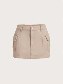 SHEIN MOD Của phụ nữ Màu thuần Denim Cargo Váy chữ A - Màu Khaki - Xem 1