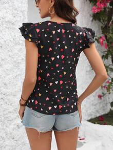 SHEIN Frenchy Của phụ nữ Ren Cắt tỉa Cổ chữ V In Trái tim Áo sơ mi - màu đen - Xem 2