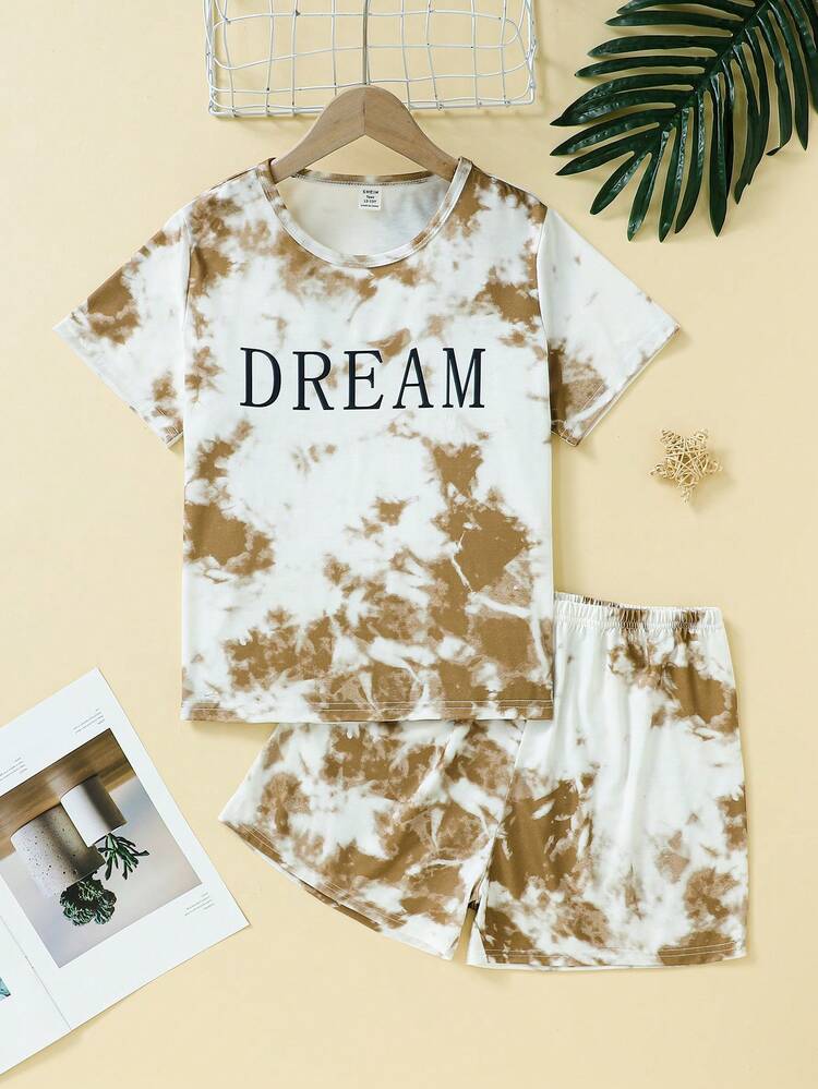 Teen Girl's Brown Tie Dye Letter Print Short Sleeve T-Shirt And Shorts Pajama Set, Casual