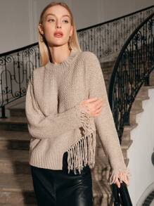 Anewsta Women's Fringe Batwing Sleeve Pullover Knit Pullover Fall Winter Sweater - Khaki - View 4