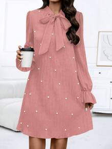 SHEIN LUNE Pearl Decor Tie Neckline Sheath Dress - Pink - View 5