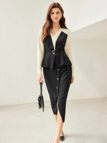 MOTF PREMIUM 編織女士2合1腰帶襯衫 - 黑與白 - 查看 11