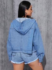 SHEIN EZwear Women's Ripped Dropped Shoulder Long Sleeve Hooded Denim Jacket - Medium Wash - View 3