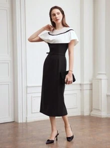 MOTF PREMIUM WOMEN'S WOVEN LACE COLORBLOCK SPLICE DRESS - Black and White - View 2