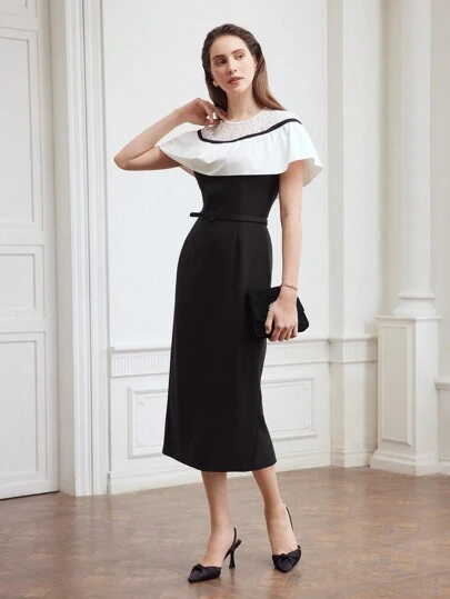 MOTF PREMIUM WOMEN'S WOVEN LACE COLORBLOCK SPLICE DRESS