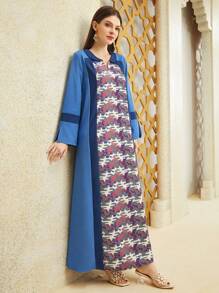 Al Najma Color Block Printed Splice Notched Neckline Dress Kaftan Jalabiya Dress - Blue - View 6