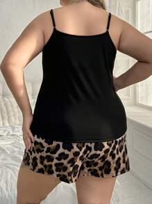 SHEIN Leopard Print Plus Size Cami & Shorts Pajama Set - Black - View 2