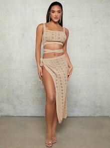 SHEIN BAE Áo che Màu Quả mơ Đan bằng móc Rỗng Cái nĩa cao Dây đeo Mùa Xuân Và Mùa hè Ngày lễ Quần áo Nhìn xuyên qua Của phụ nữ Váy - Màu be - Xem 8