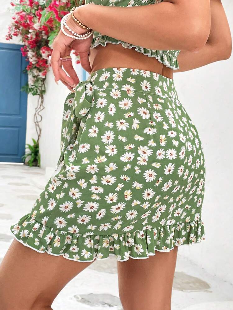Women'S Green Printed Asymmetric Hem Mini Skirt