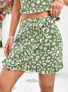 Soleia Women'S Green Printed Asymmetric Hem Mini Skirt