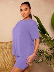 SHEIN SXY Quý cô Chất rắn Đồ đan Ribbed Bộ - Màu tím hoa cà - Xem 3