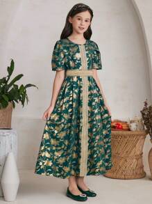 Tween Girl Metallic Gold Floral Pattern Belted Dress - Dark Green - View 4