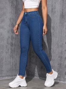 SHEIN ICON 修身款休閒丹寧褲 - 中等水洗藍 - 查看 5