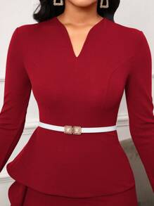 SHEIN Lady Vestido Elegante Para Mujeres Con Cuello En V En Colores Sólidos - Rojo - Ver 6