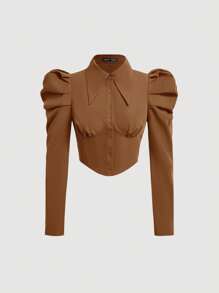 SHEIN MOD Women's Solid Color Leg-Of-Mutton Sleeve Blouse - Brown - View 1