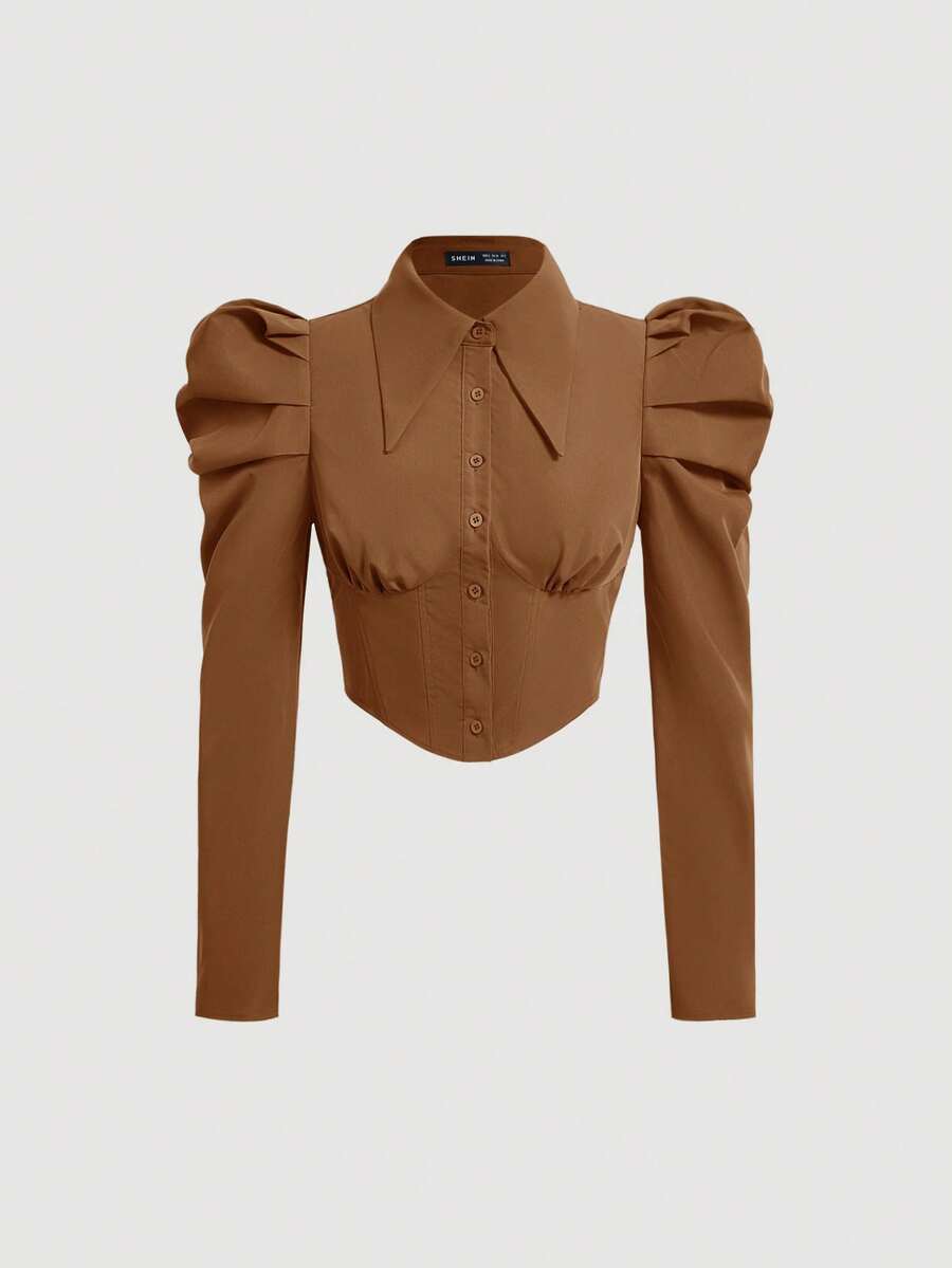 SHEIN MOD Women's Solid Color Leg-Of-Mutton Sleeve Blouse - Brown - View 1