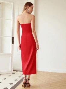 MOTF PREMIUM WOVEN WOMEN'S WRAP PLEATED STRAPLESS DRESS - Burgundy - View 6