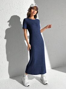 SHEIN EZwear فستان نسائي ذو لون خالص ومتماسك بفتحة جانبية - أزرق بحري - مشاهدة 3