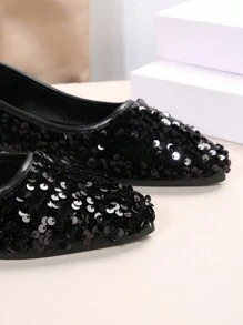 Zapatos de niña de talla 33-41, cómodos zapatos planos con suela blanda, puntera en punta y lentejuelas brillantes para adolescentes, adecuados para primavera y otoño - Negro - Ver 3