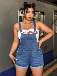 SHEIN ICON Plus Size Women Casual Versatile Denim Overalls With Pockets - Light Wash - View 3