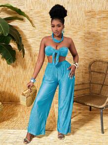 Slaydiva Damen-set Aus Modischem, Einfarbigem, Strukturiertem Material, Trägerlosem Oberteil Und Hose - Blau - Übersicht 5